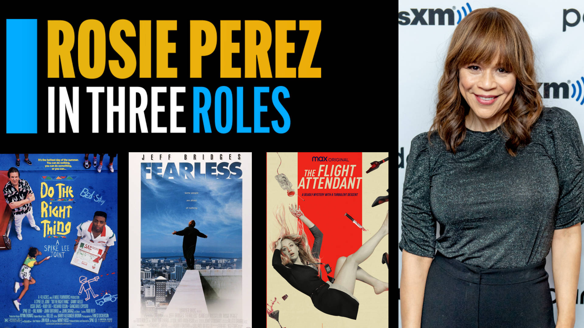 Rosie Perez 在記者會上，身後有電影海報。