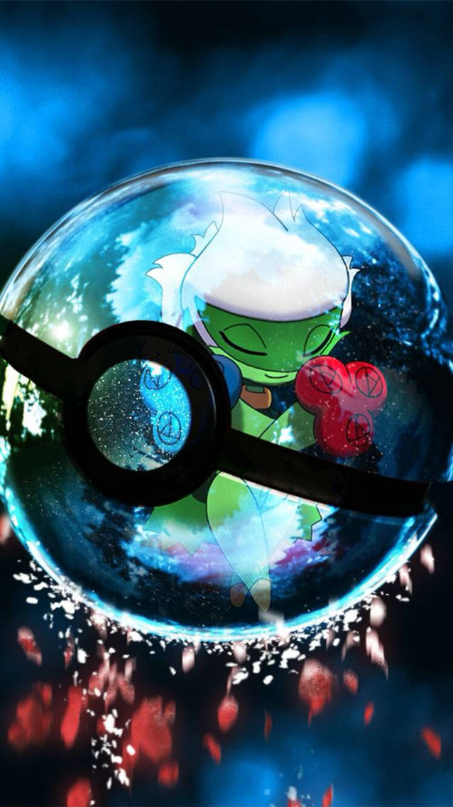 在宇宙藍色場景中，一隻綠色動畫寶可夢在精靈球內，周圍有漂浮的紅色心形。