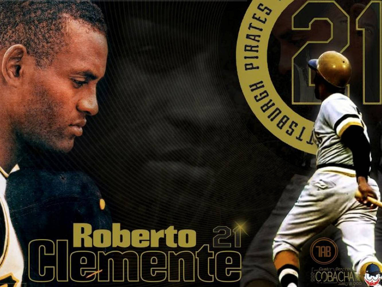 身穿匹茲堡海盜隊制服、背號21的棒球選手 Roberto Clemente。