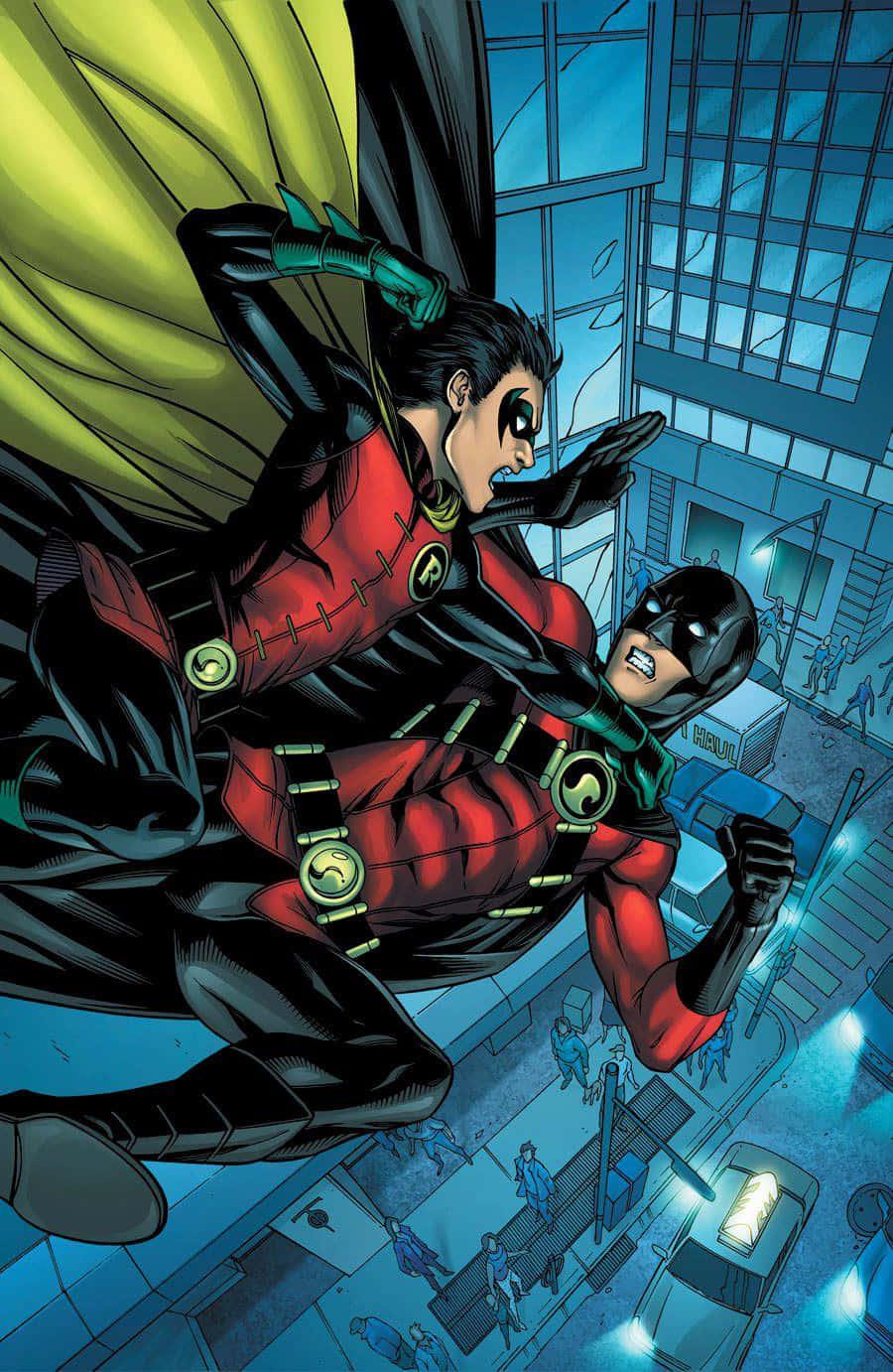 Tim Drake 桌布 壁紙 — 羅賓和蝙蝠俠在夜間穿過霓虹燈照亮嘅城市景觀，呈現動態漫畫動作場景。