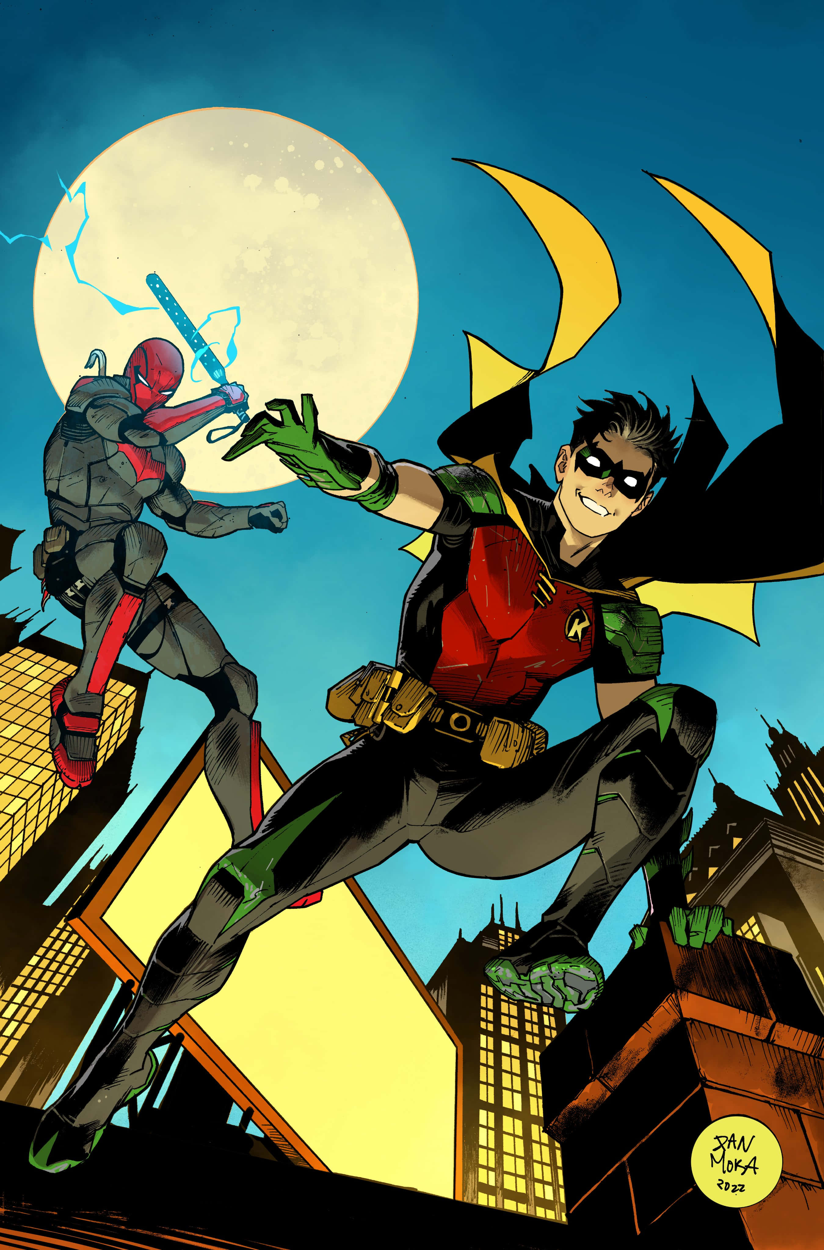 Tim Drake 桌布 壁紙 — 羅賓在滿月背景下動態跳躍，而紅頭罩則揮舞著發光的劍，展開一場戲劇性的城市屋頂戰鬥。
