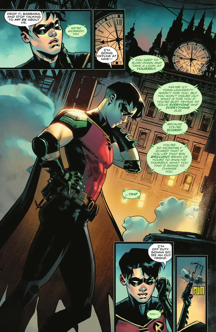 Tim Drake 桌布 壁紙 — 羅賓夜晚站在城市街道上，被溫暖的路燈照亮，漫畫格顯示他與芭芭拉·戈登交談。