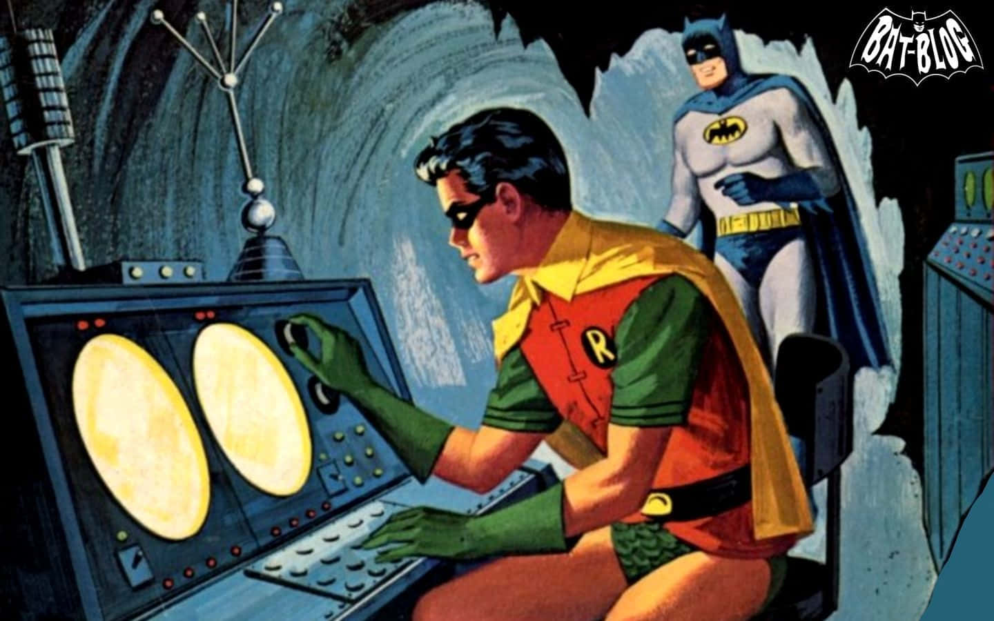 Batman Vs Robin 桌布 壁紙 — 羅賓操作發光控制面板，蝙蝠俠從後觀看，經典漫畫風格。