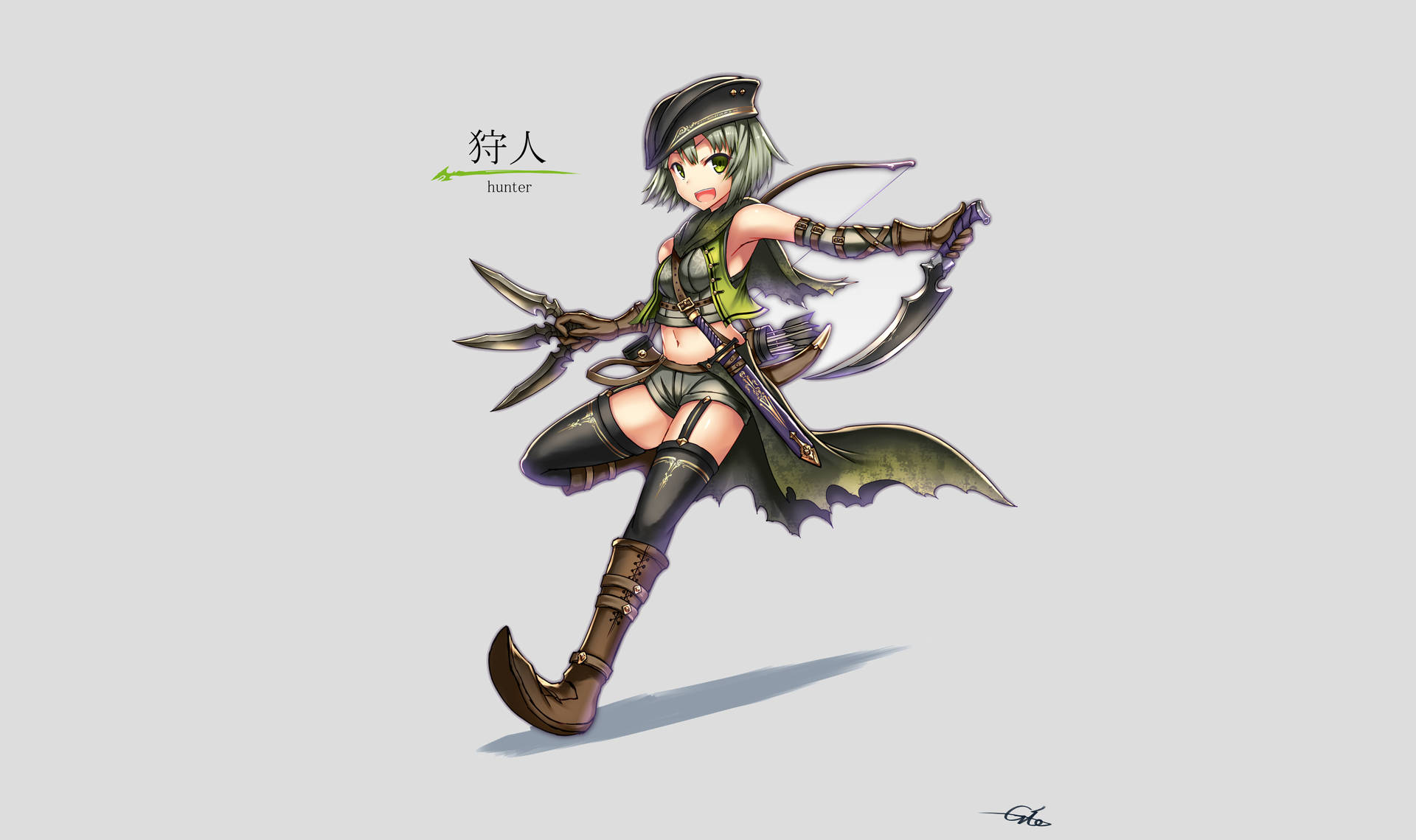 動漫獵人女孩穿著綠色盔甲，手持弓和飛刀跳躍。