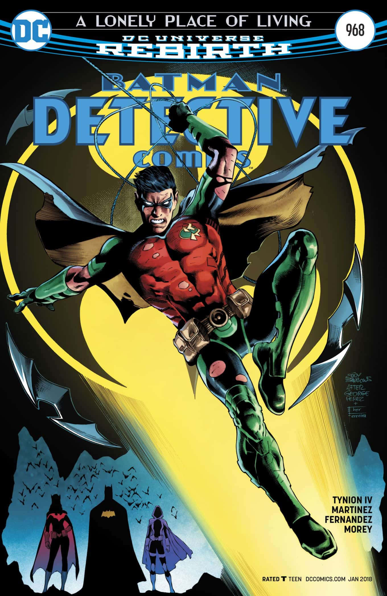 Tim Drake 桌布 壁紙 — 羅賓穿著紅綠相間的服裝，在黃色蝙蝠符號背景上動態擺盪，下方有蝙蝠俠和蝙蝠女的剪影。