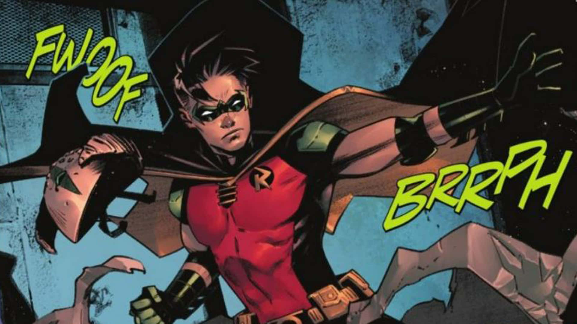 Tim Drake 桌布 壁紙 — 羅賓穿著紅黑套裝，伴隨著漫畫音效，動態地跳過一條粗糙的城市小巷。