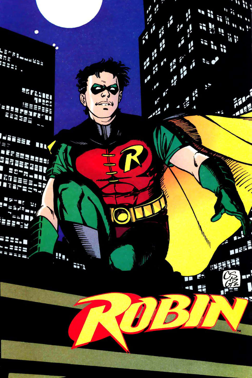 Tim Drake 桌布 壁紙 — 羅賓英勇地站在月光下的城市景觀中，身後高聳的摩天大樓閃閃發光。