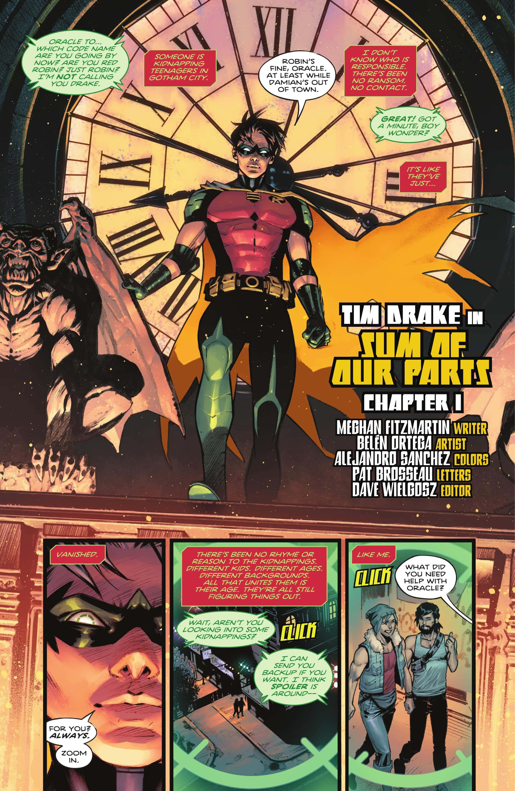 Tim Drake 桌布 壁紙 — 羅賓英雄地站在一個巨大的時鐘面前，漫畫格中顯示蝙蝠俠和其他角色在戲劇性的高譚市場景中。