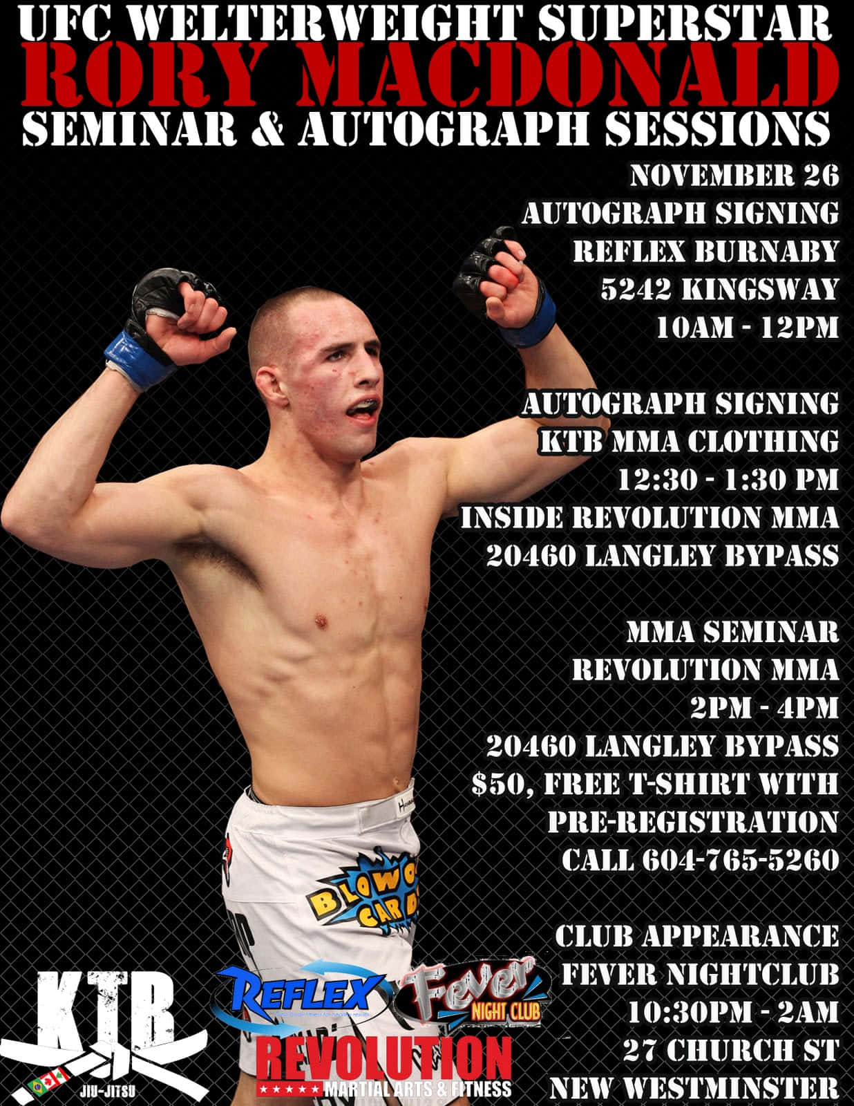 UFC拳手Rory MacDonald在八角籠中慶祝勝利，並疊加了賽事詳情。