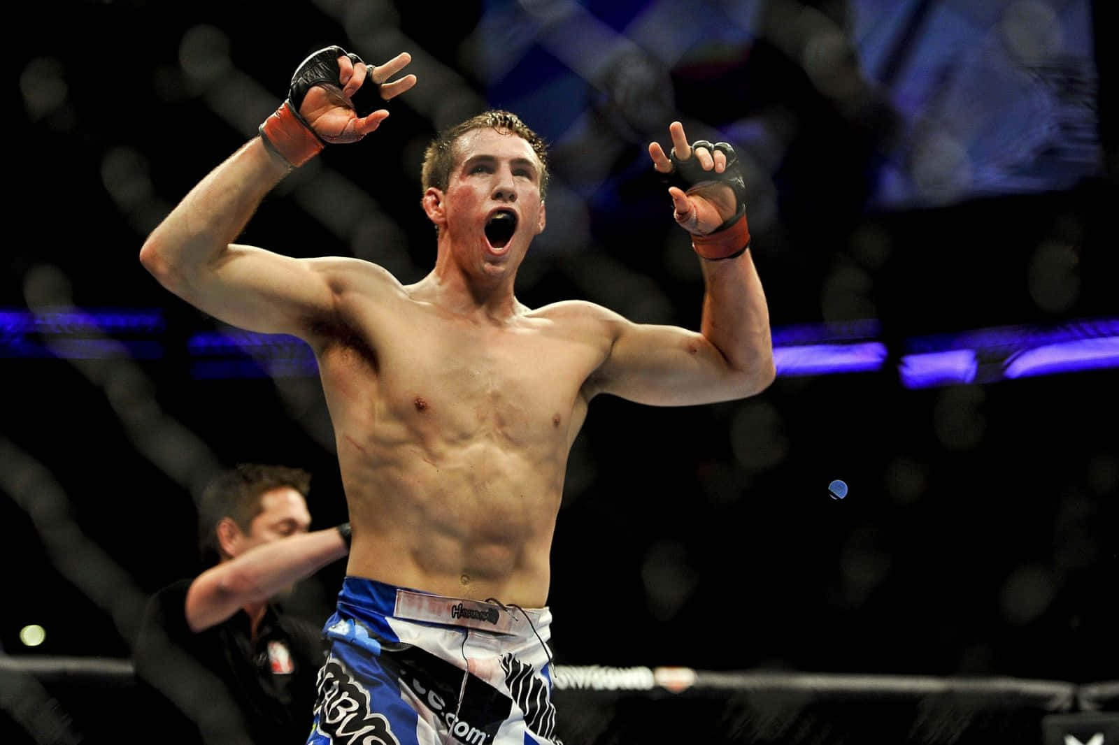 MMA拳手喺八角籠內高舉雙臂慶祝勝利。