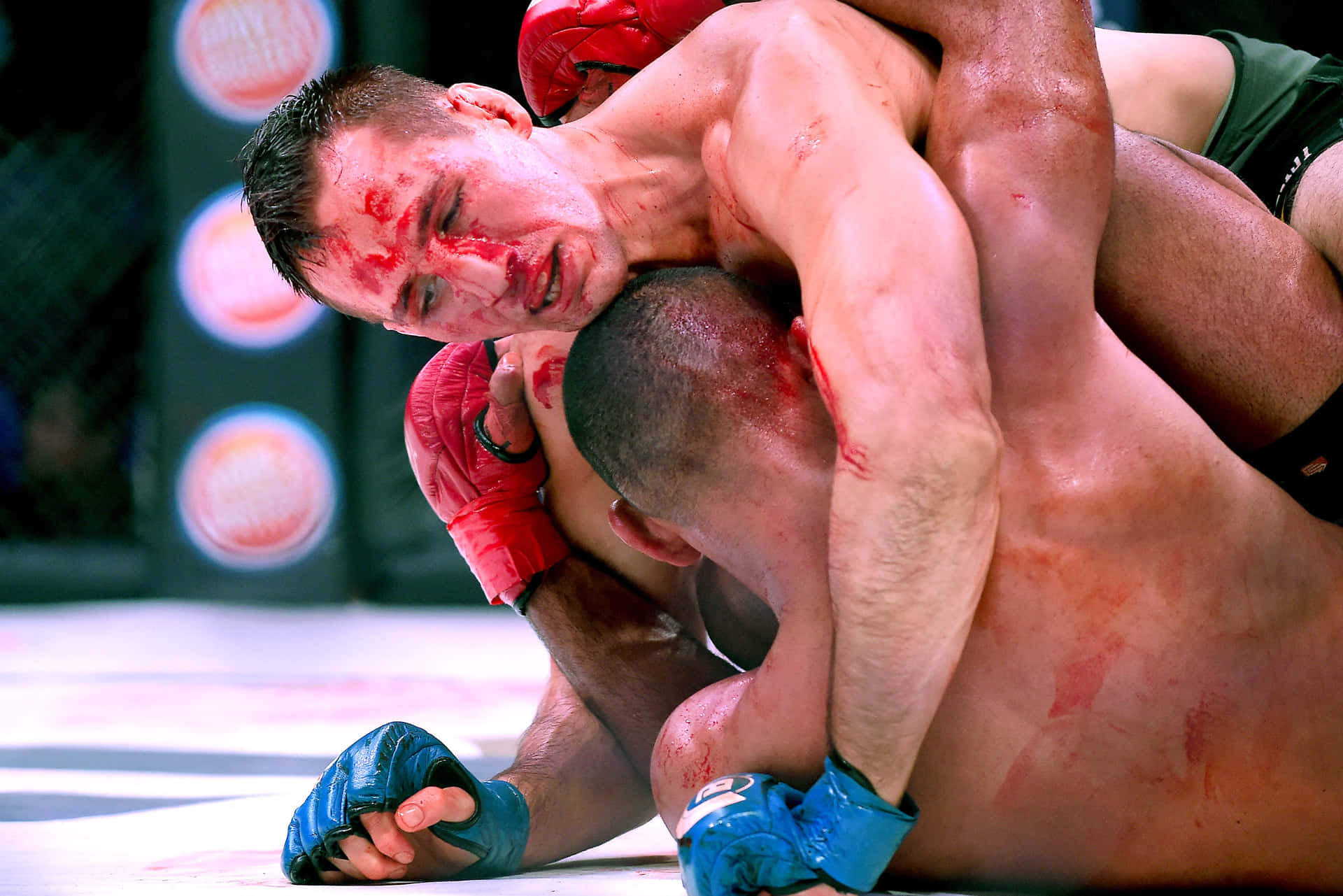 兩名拳手在一場血腥的MMA比賽中施展鎖喉技。
