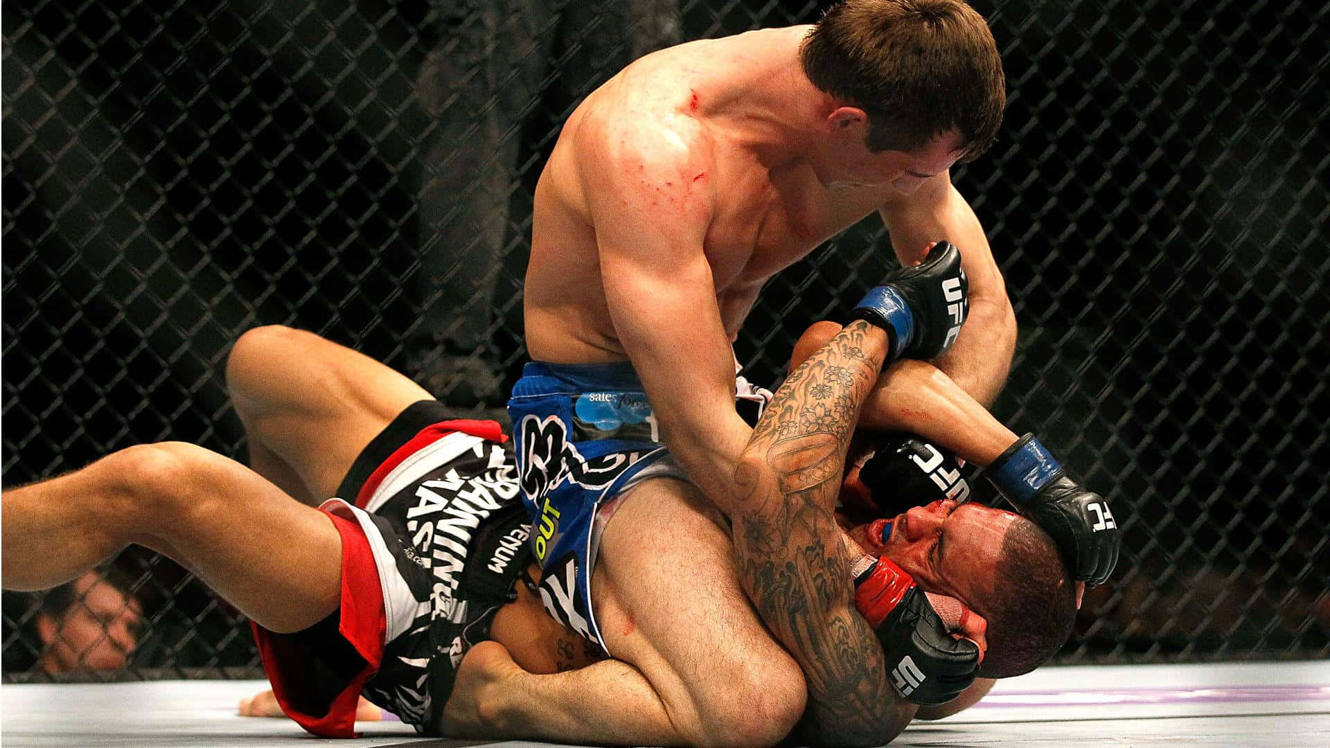 兩名男MMA拳手在八角籠內進行纏鬥。