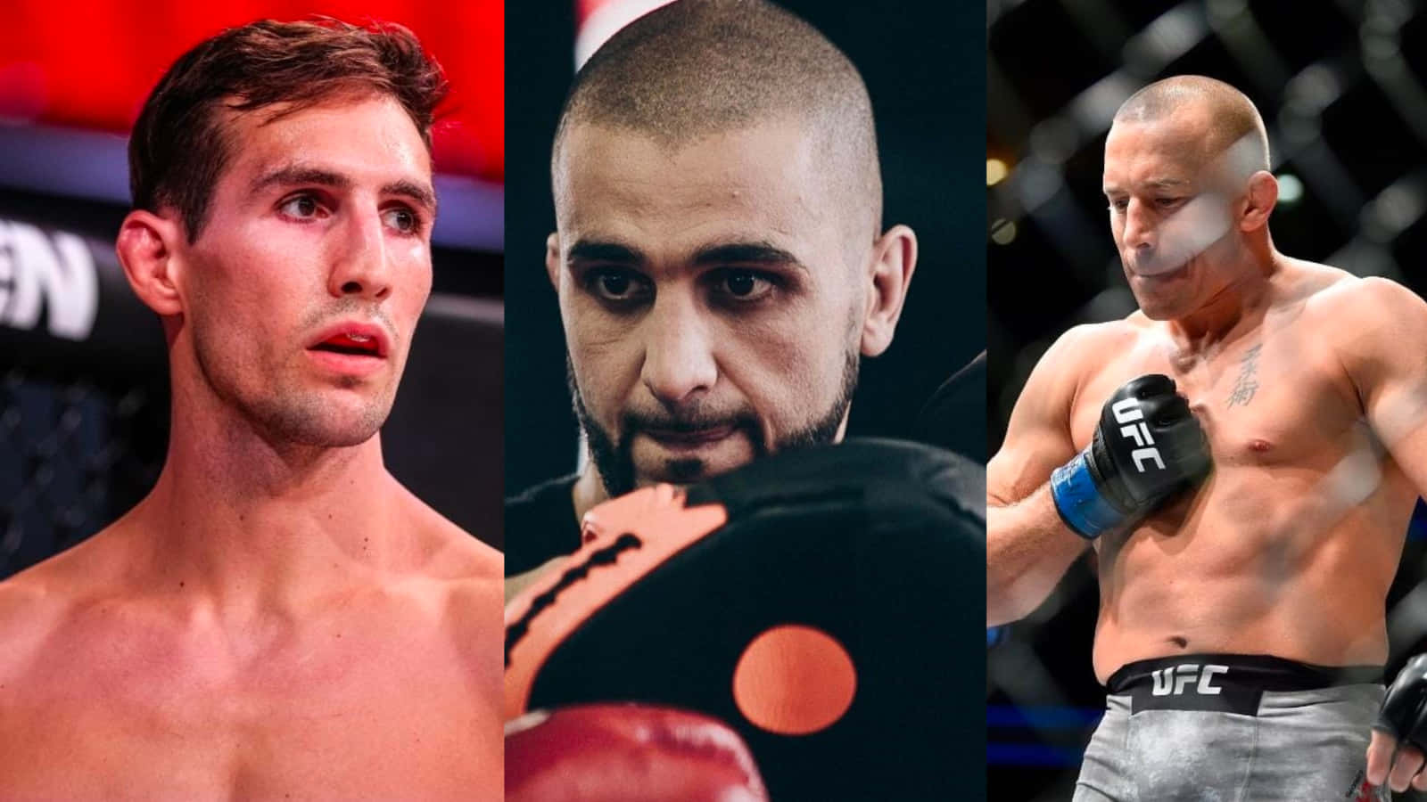 三名身穿UFC裝備的男性MMA拳手在訓練或比賽中展現強烈專注力。