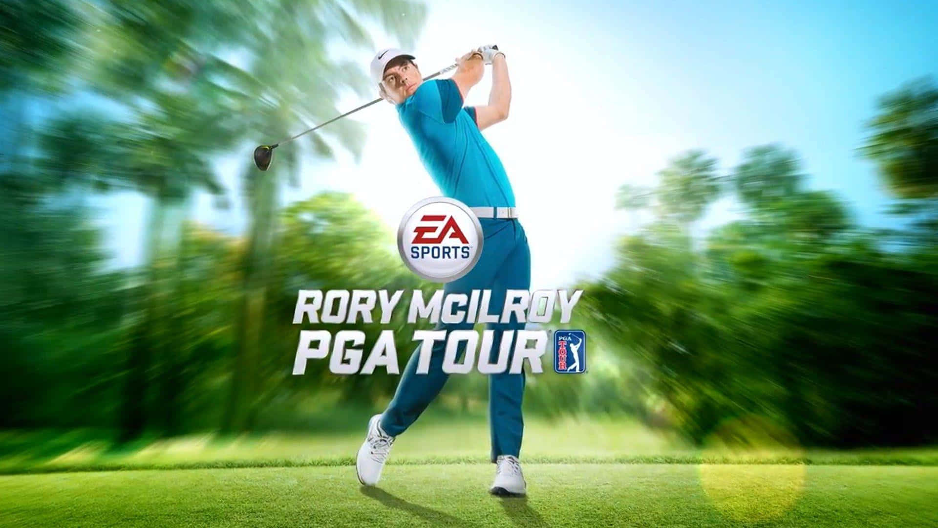 高爾夫球手Rory McIlroy在陽光明媚的高爾夫球場上揮桿中，帶有EA Sports標誌。