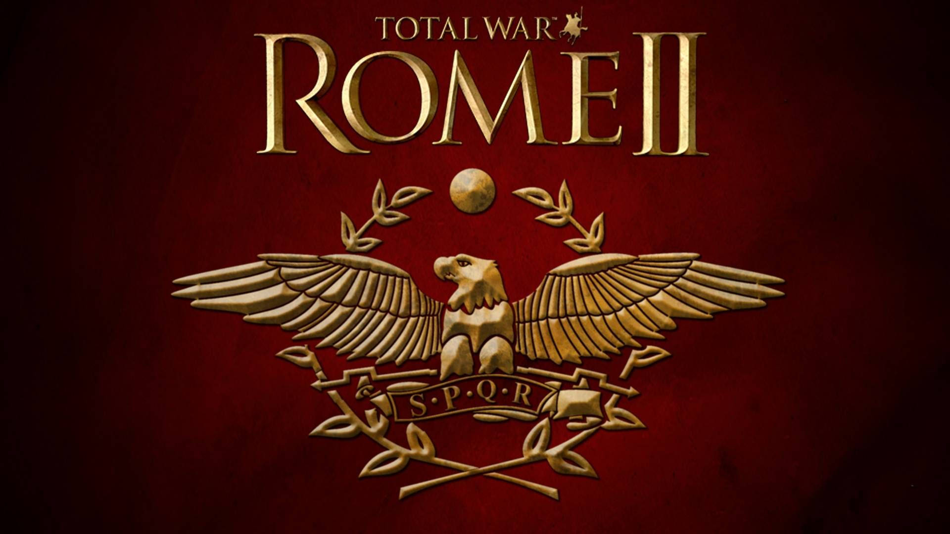 Total War Rome II遊戲標誌，金色鷹和SPQR橫幅在紅色背景上。