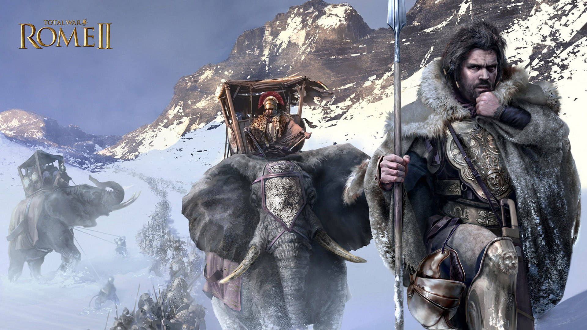 羅馬士兵持矛站在積雪山中的裝甲戰象旁邊。