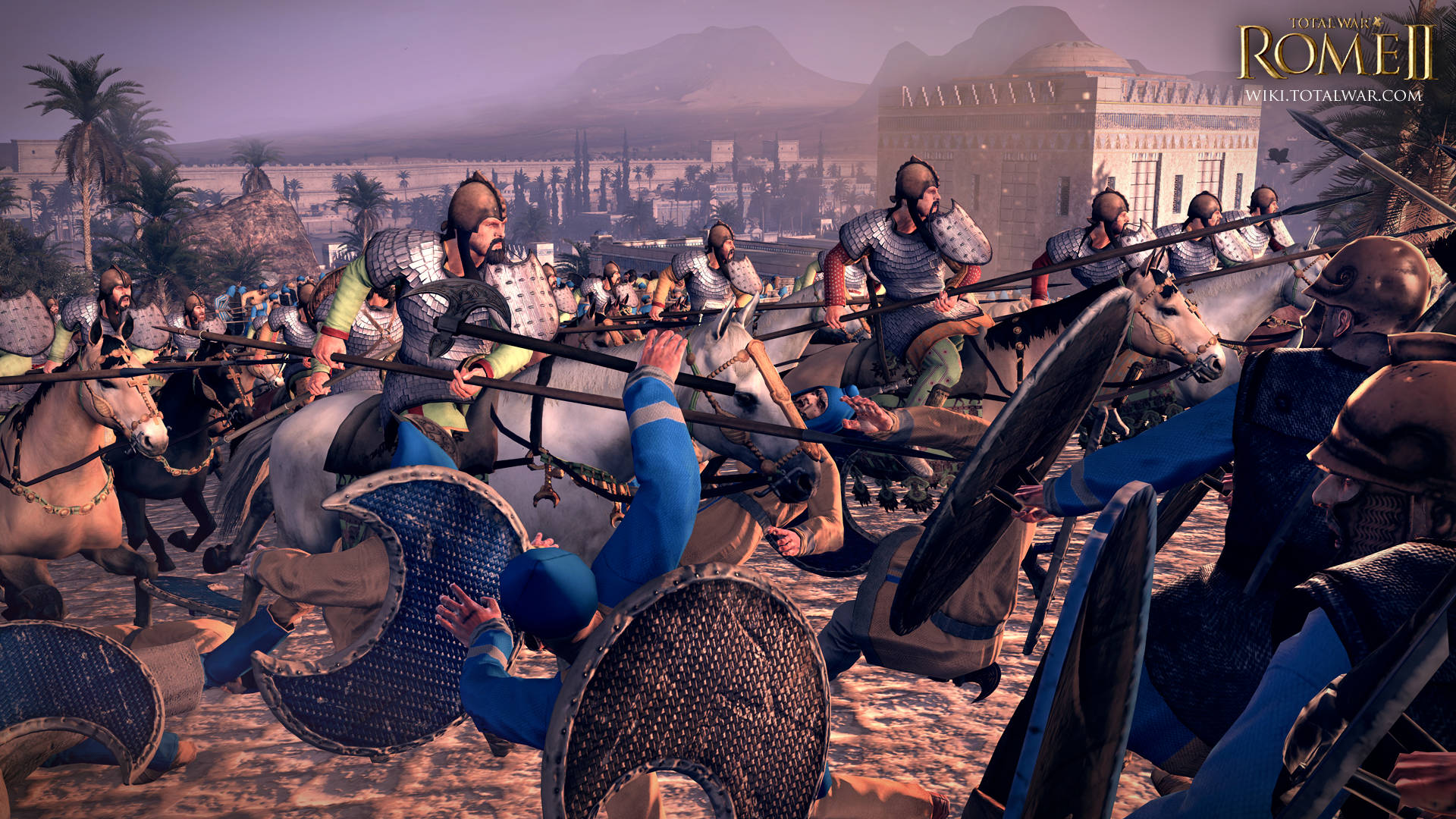 《Total War Rome II》遊戲中，羅馬騎兵在沙漠戰鬥場景中衝鋒。