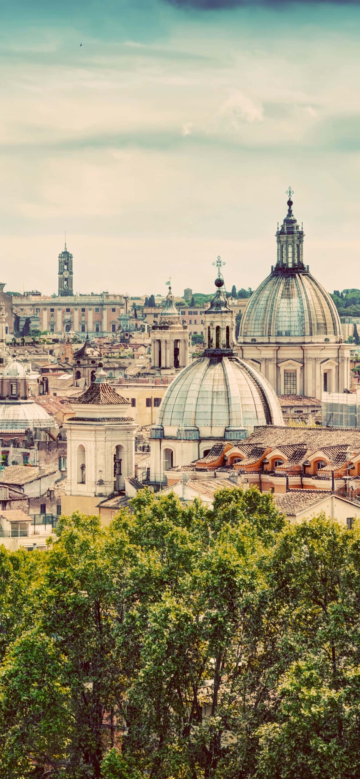 Rome 桌布 壁紙 — 羅馬歷史悠久的屋頂和圓頂教堂在柔和的陰天下，從茂密的綠樹中窺見的全景。