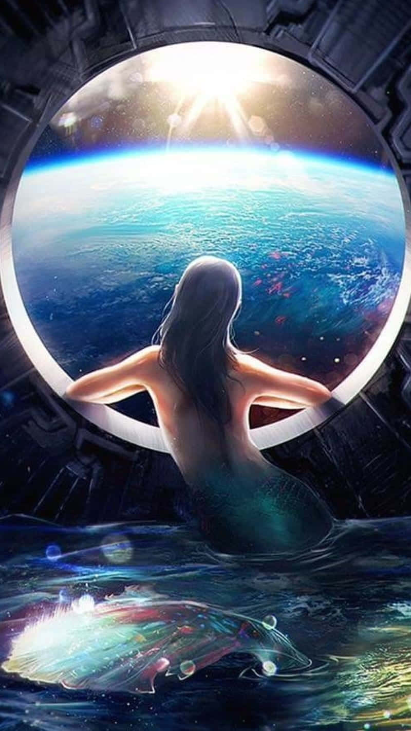 美人魚在太空船內 壁紙 — 一位擁有飄逸黑髮的美人魚從太空船窗戶凝視著地球的藍色海洋和發光的大氣層。