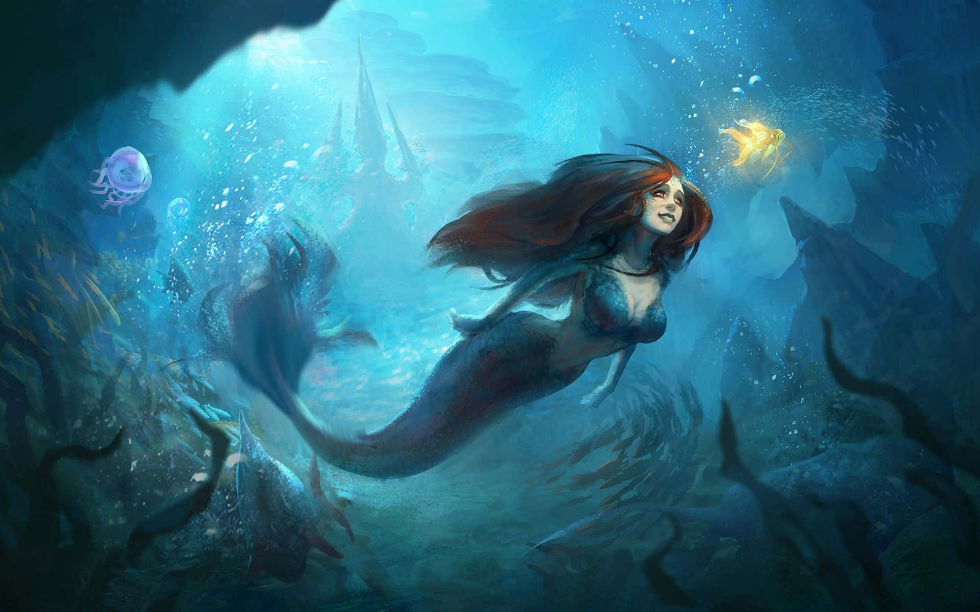 一位紅髮美人魚在發光水母和古代遺跡的水下洞穴中優雅地游動。