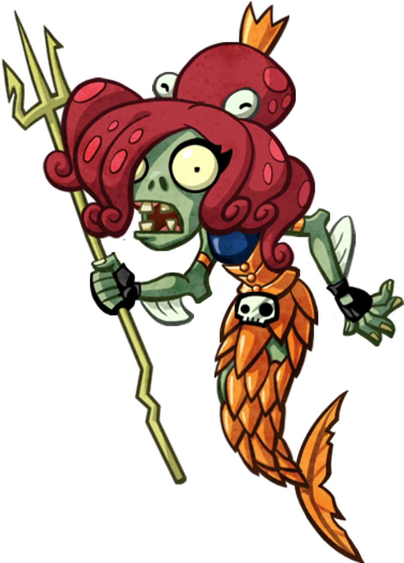 美人魚殭屍卡通 壁紙 — 一個卡通風格的殭屍美人魚，擁有紅色章魚頭髮，在黑色背景前揮舞三叉戟。