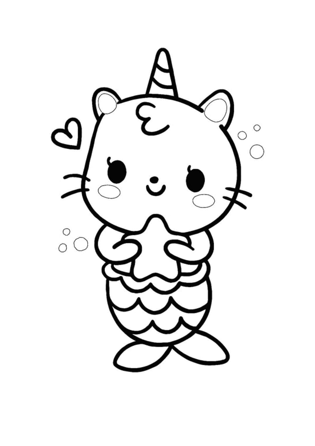 可愛的貓美人魚，有獨角獸角，拿著海星和泡泡 — 美人魚 GIF 壁紙