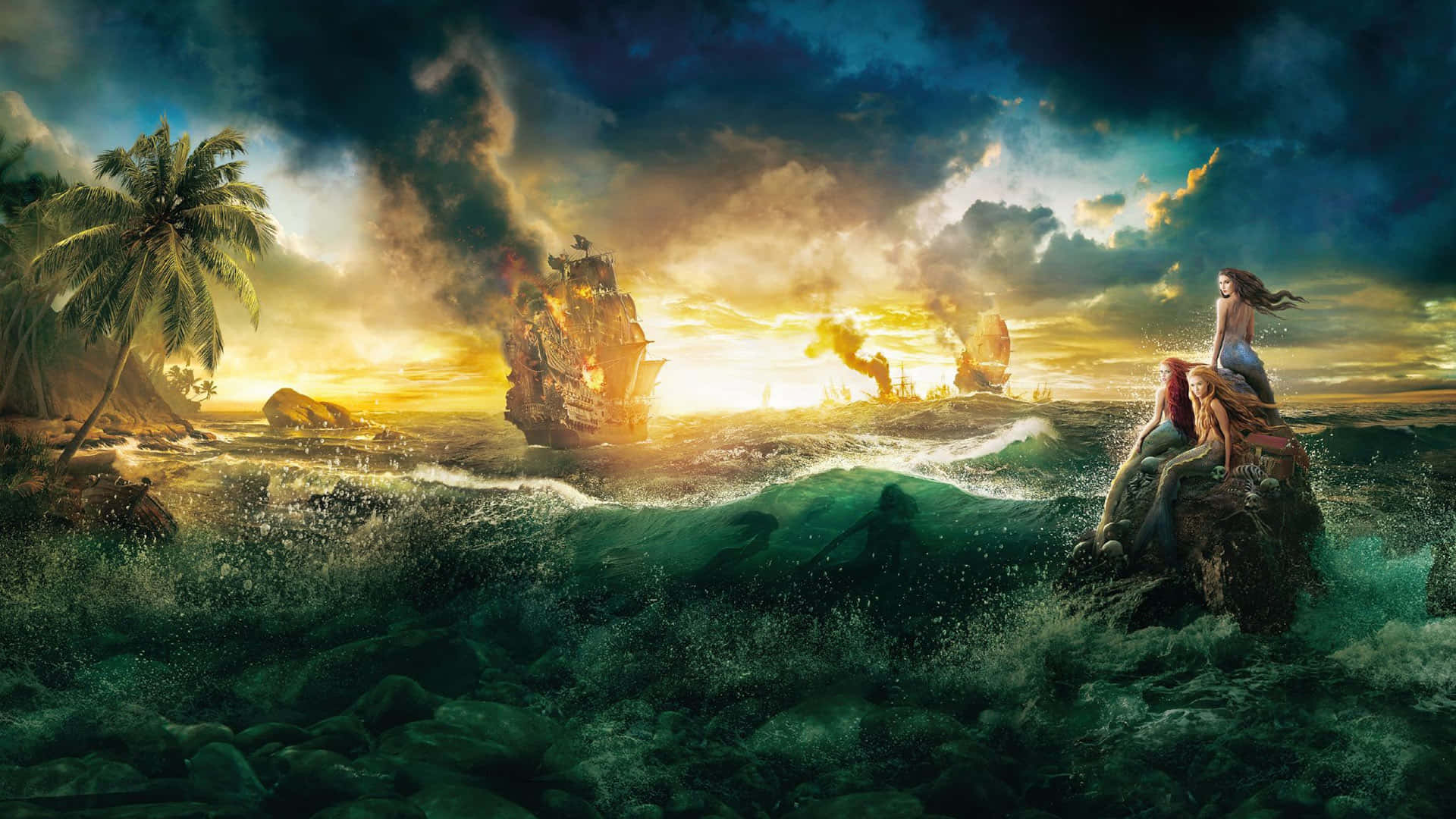 Pirates Of The Caribbean 桌布 壁紙 — 美人魚看著一艘燃燒的沉船在金色日落時分衝上熱帶海岸。