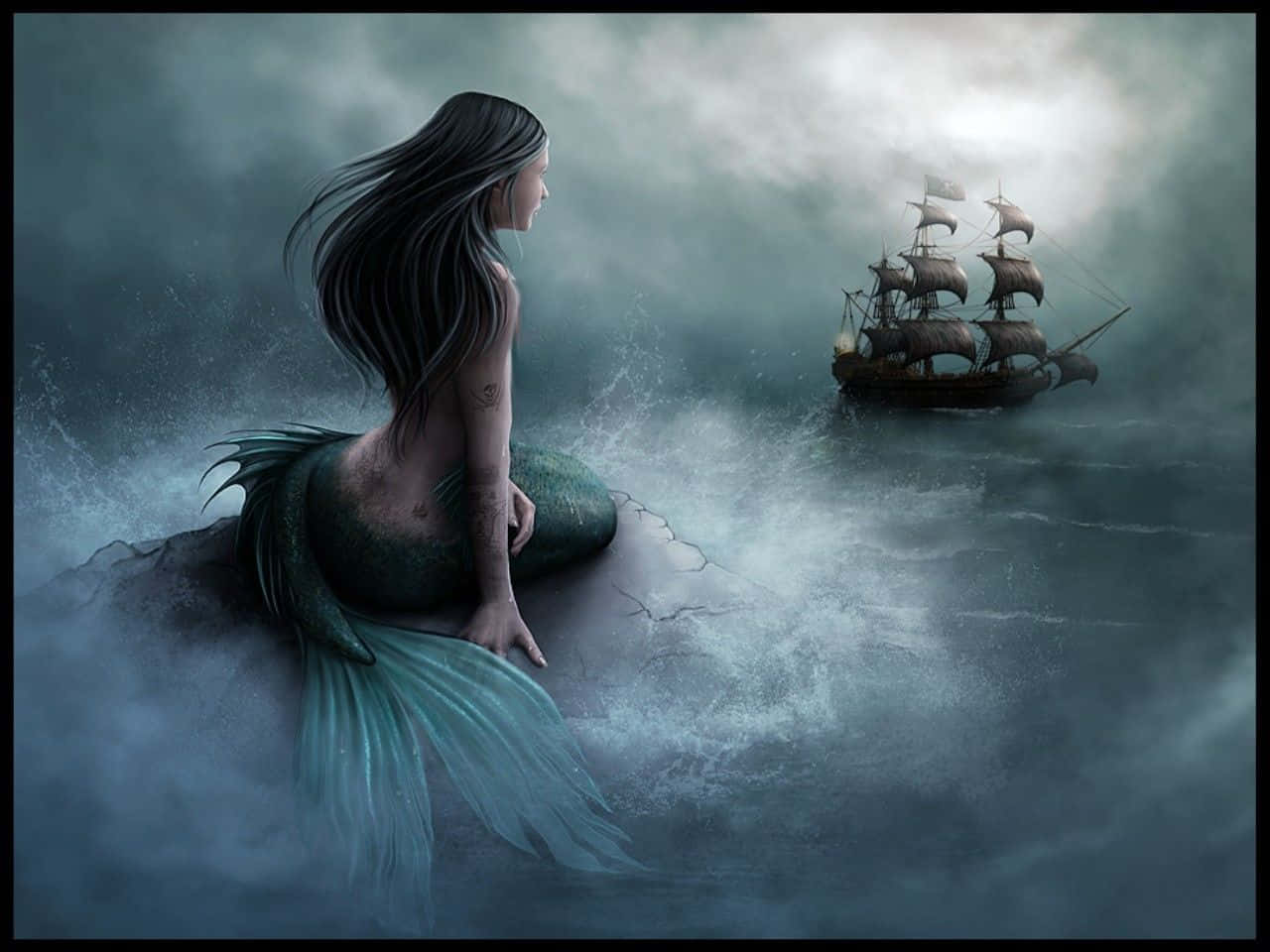 一條美人魚看著一艘船在暴風雨中航行。