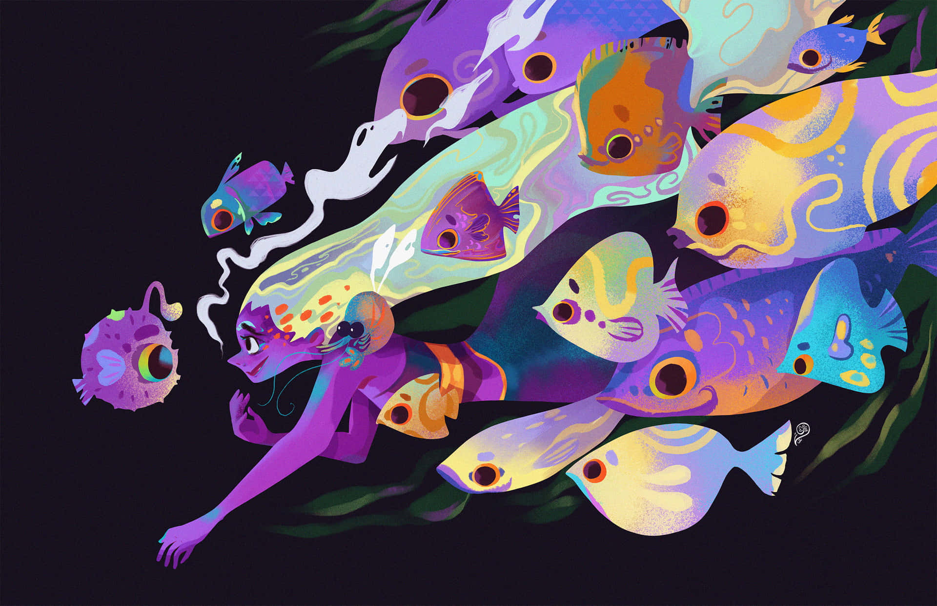 一個紫色人形在黑暗的海洋場景中與發光的魚群一起游泳。 — 美人魚 GIF 壁紙