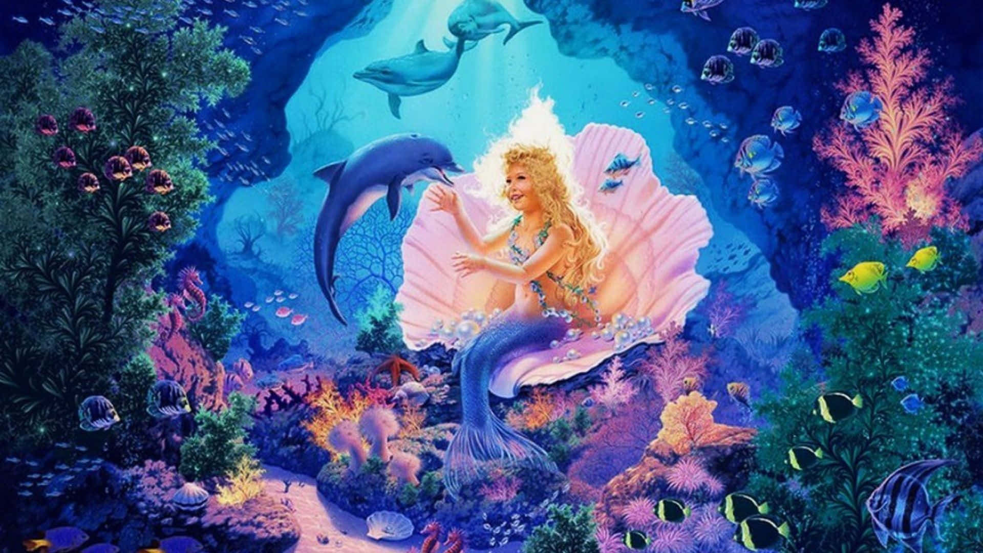 粉紅色貝殼中的美人魚在發光的珊瑚和熱帶魚之間與海豚互動。