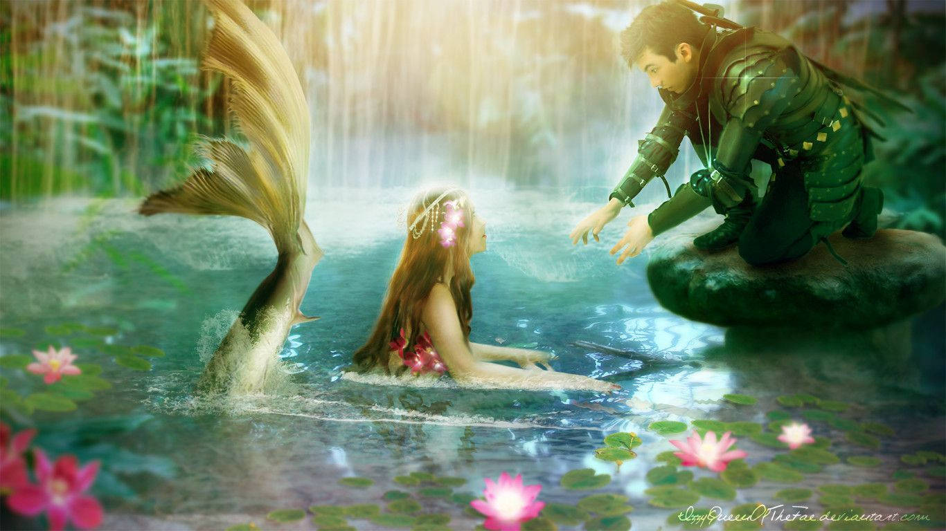 美人魚和騎士在一個充滿發光蓮花和陽光的魔法池塘中相遇。