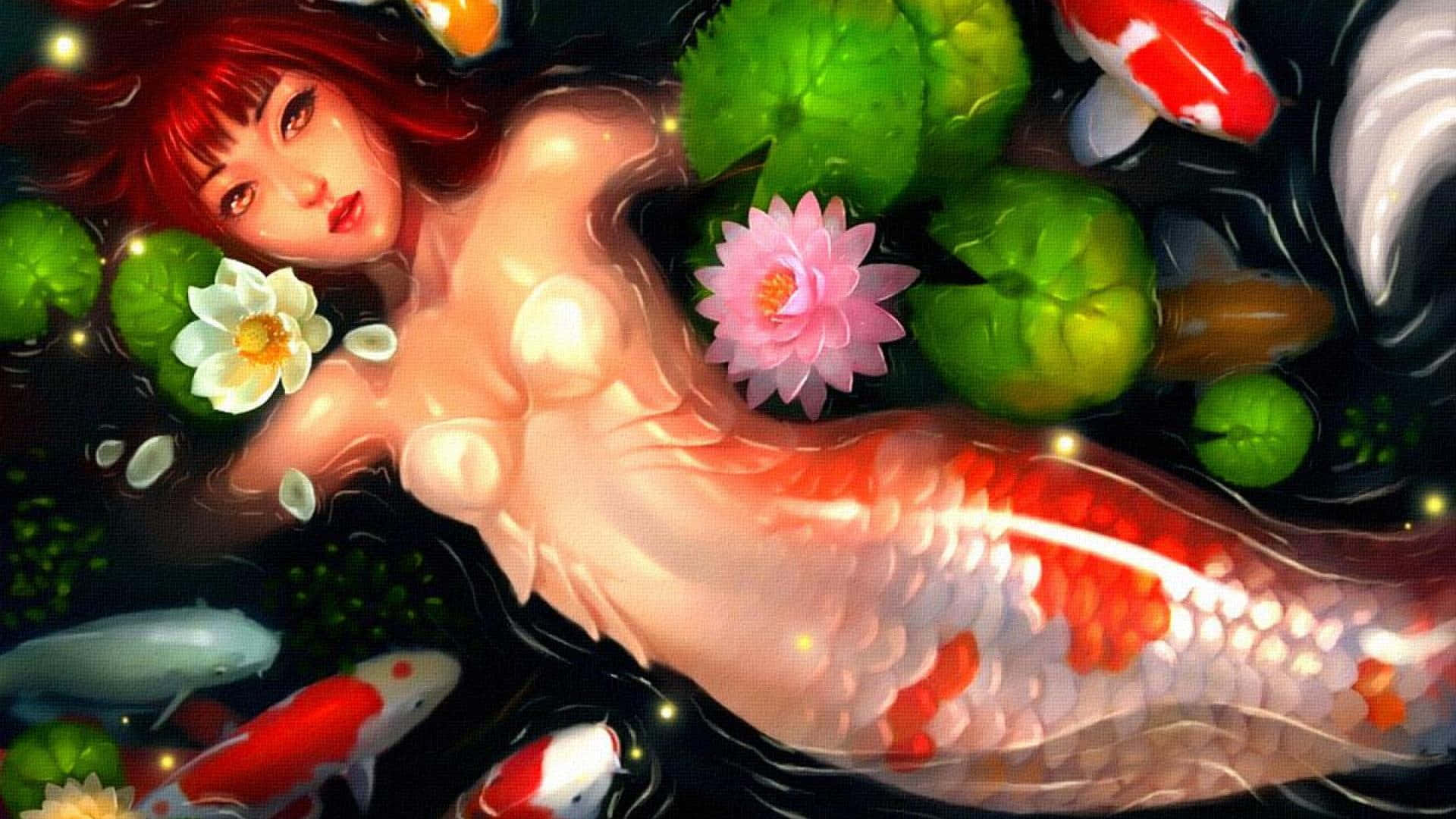 美人魚與鯉魚色彩圖像 壁紙 — 一位紅髮美人魚擁有鯉魚尾巴，在黑暗池塘中的睡蓮葉和盛開的睡蓮之間寧靜地漂浮。