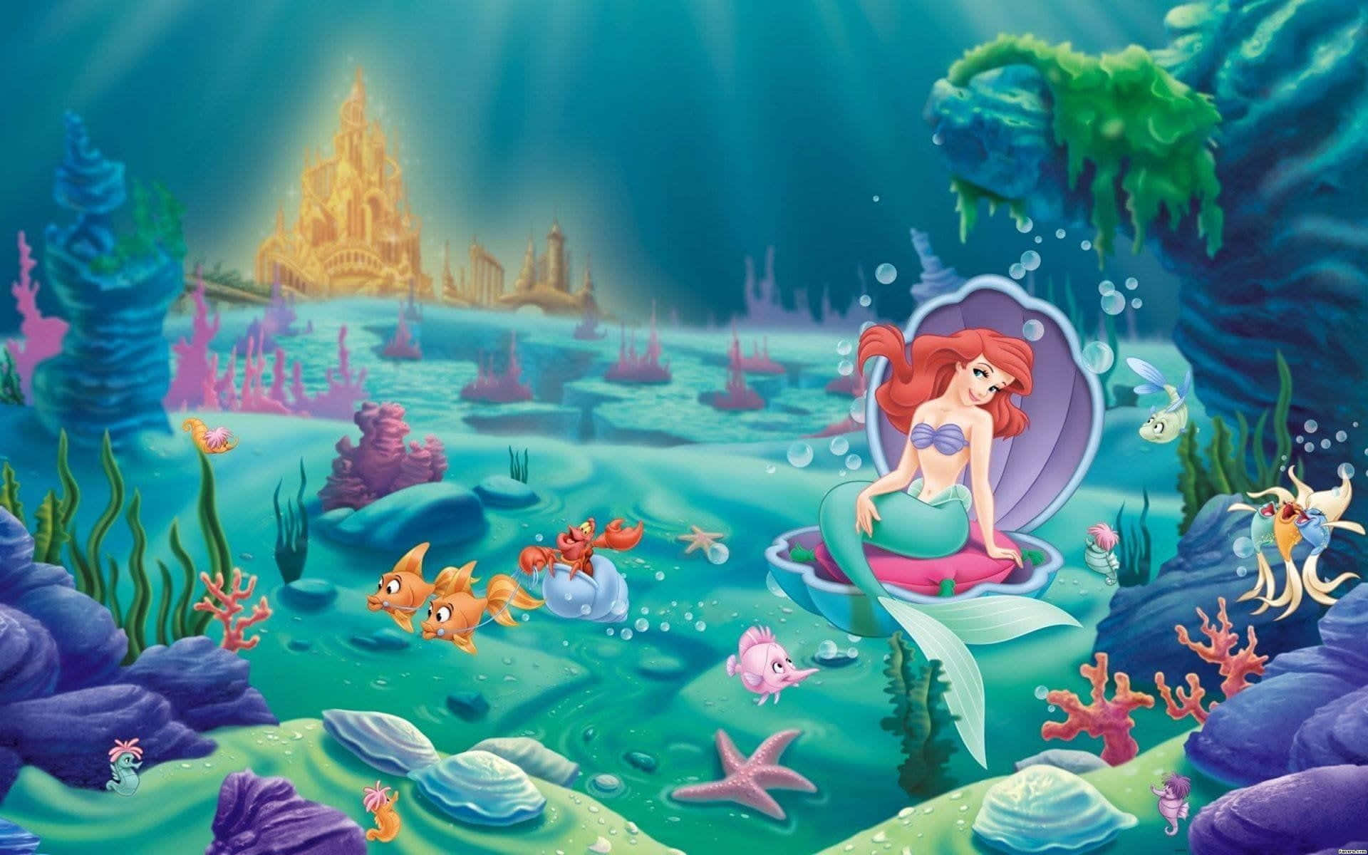 Kawaii Sea Creatures 桌布 壁紙 — 美人魚艾莉爾坐在水中的貝殼王座上，周圍環繞著色彩繽紛的珊瑚、魚類和遠處發光的城堡。
