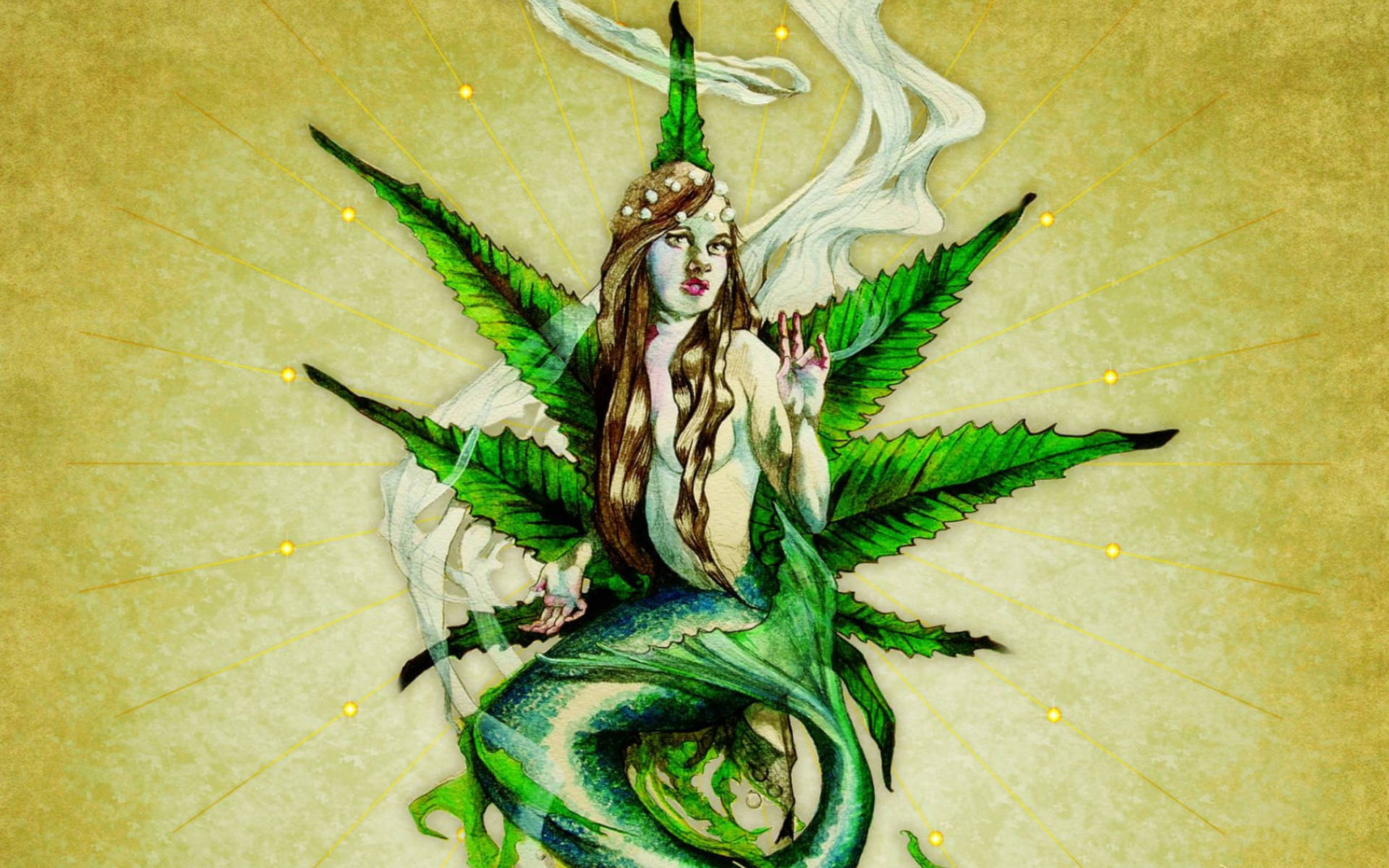 神秘美人魚，擁有以大麻葉構成的翅膀和尾巴，在閃耀的金色光芒中發光。