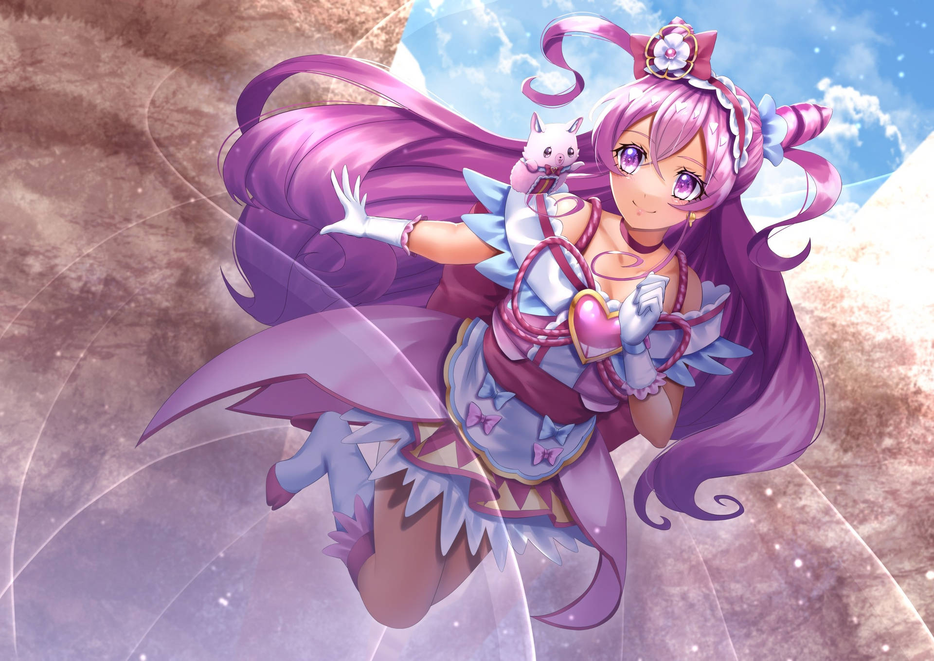 動漫女孩，紫色頭髮同粉紅色貓仔，喺太空漂浮，著住魔法服裝。