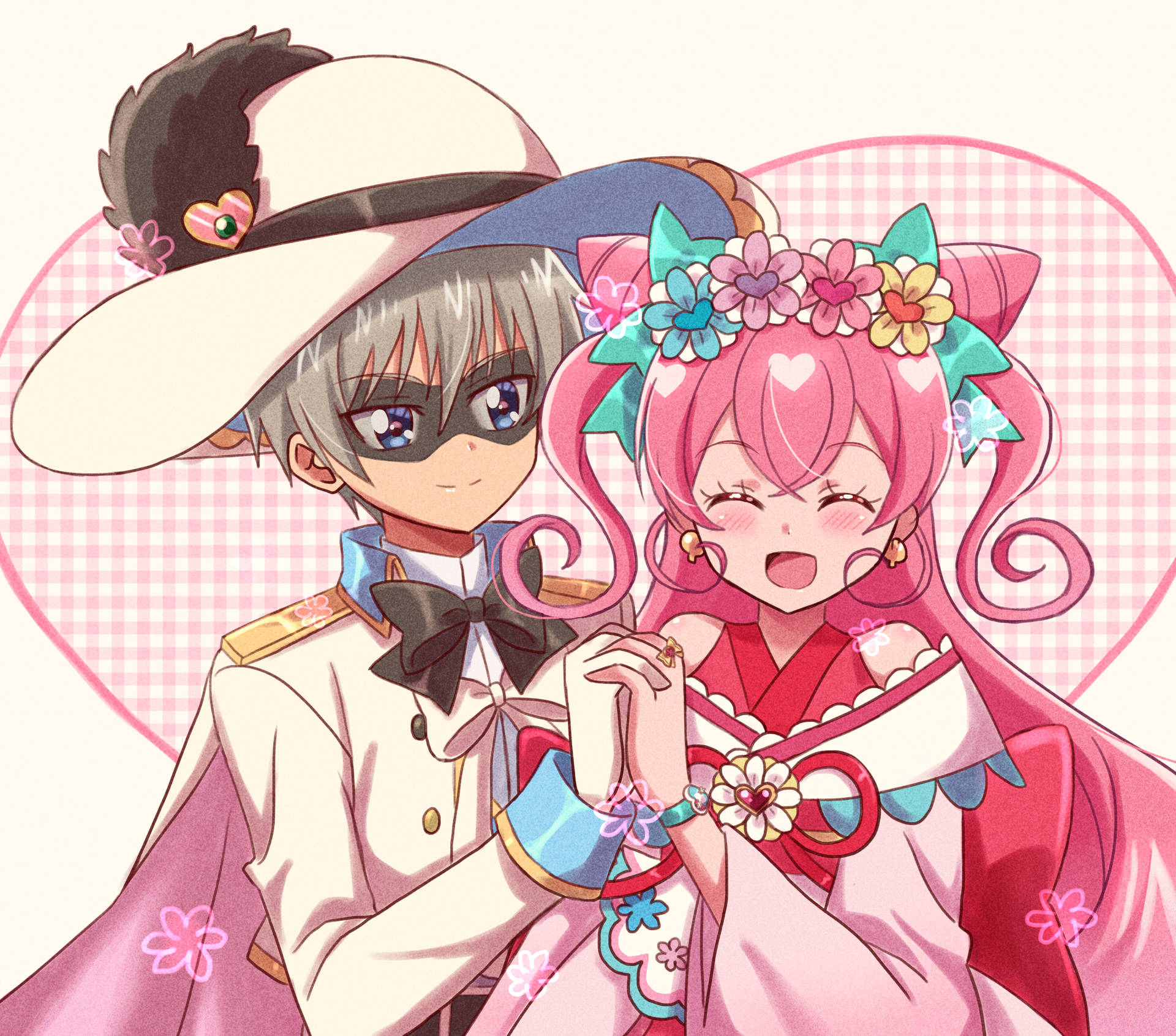 美味派對光之美少女：黑胡椒與精靈寶貝手牽手 壁紙 — 兩個穿著色彩繽紛服裝的動漫角色在粉紅色心形背景前分享快樂時刻。