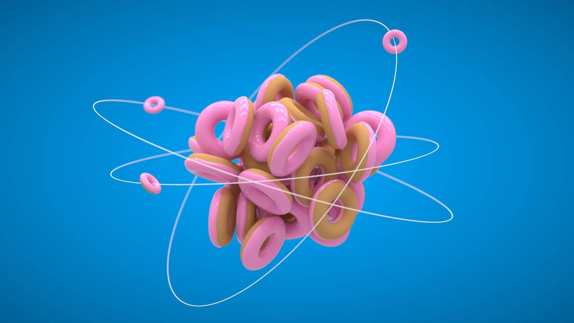 美味的原子 壁紙 — 一個有趣的3D渲染原子，以粉紅色和棕褐色釉面甜甜圈作為質子和中子，在白色路徑上繞著純藍色背景運行。