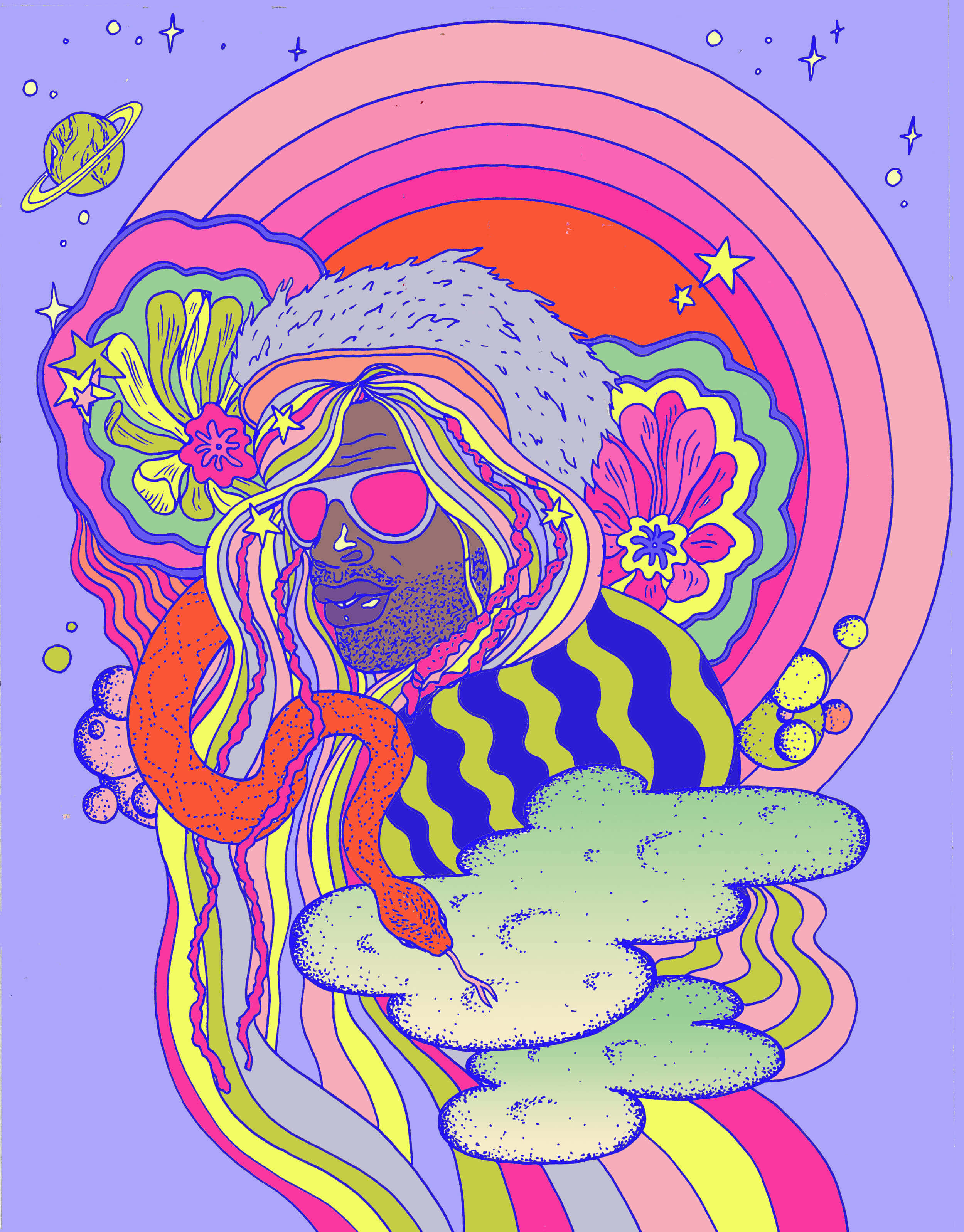 一個色彩繽紛的插圖人物，擁有彩虹頭髮和太陽眼鏡，置身於宇宙場景中。