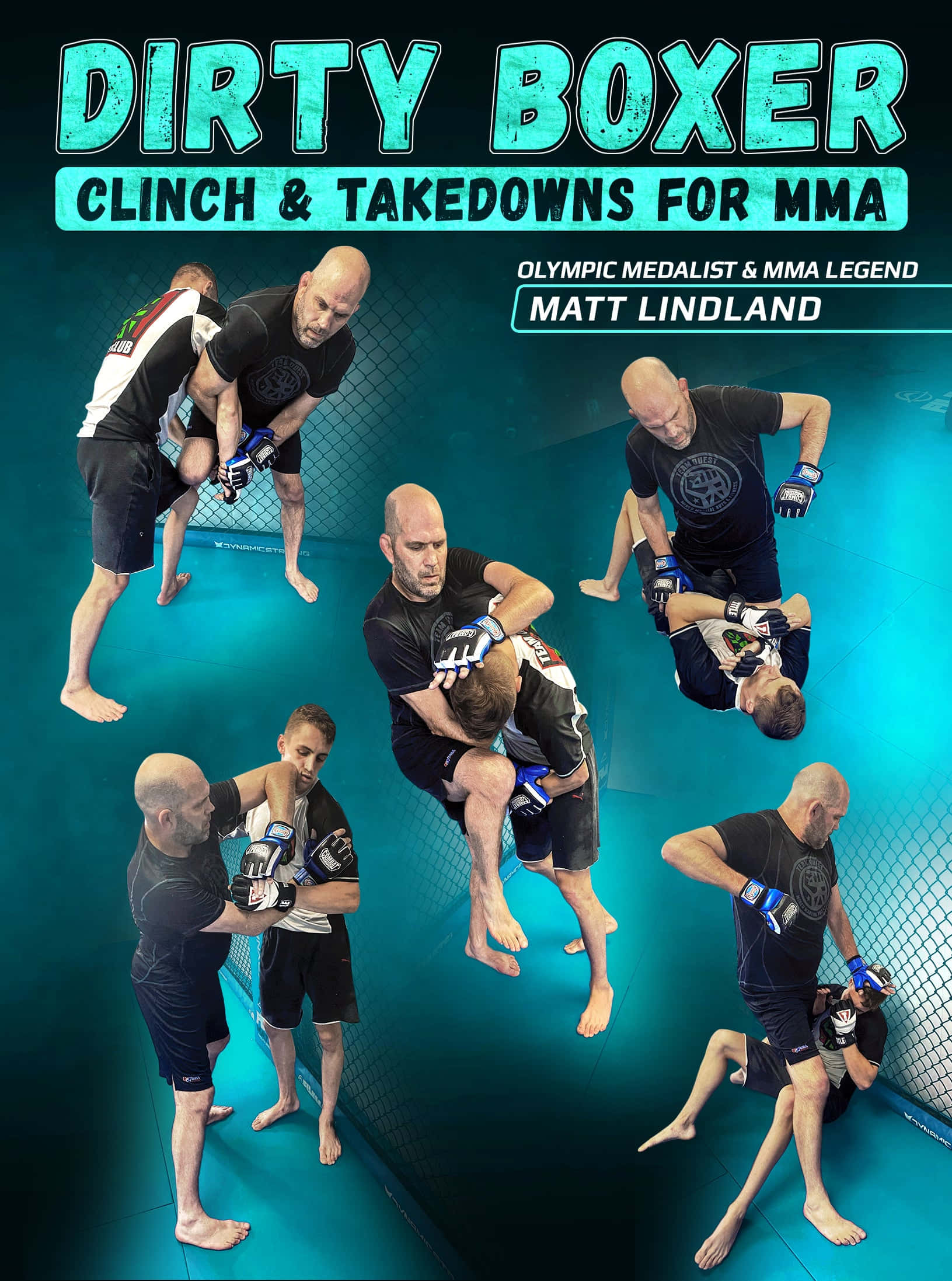 美國MMA傳奇馬特·林德蘭「Dirty Boxer」插畫 壁紙 — MMA傳奇Matt Lindland在藍色八角籠中以多個指導姿勢演示纏抱和摔倒技術。