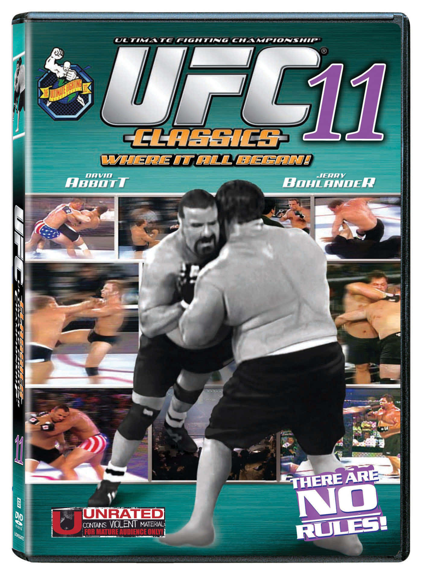 美國MMA戰士大衛·阿博特 UFC 11 壁紙 — 兩個肌肉發達的拳手在UFC 11 DVD封面上激烈纏鬥， featuring 動作鏡頭和粗體文字。