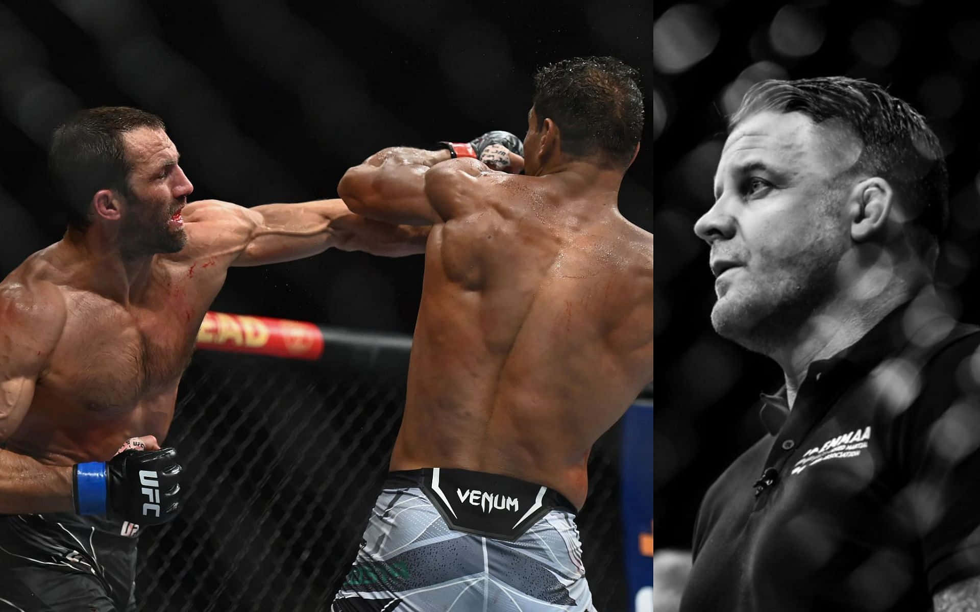 美國MMA選手盧克·羅克霍德與裁判馬克·高德的插畫 壁紙 — 兩名MMA拳手在八角籠中交鋒，裁判在黑白對比中專注觀看。