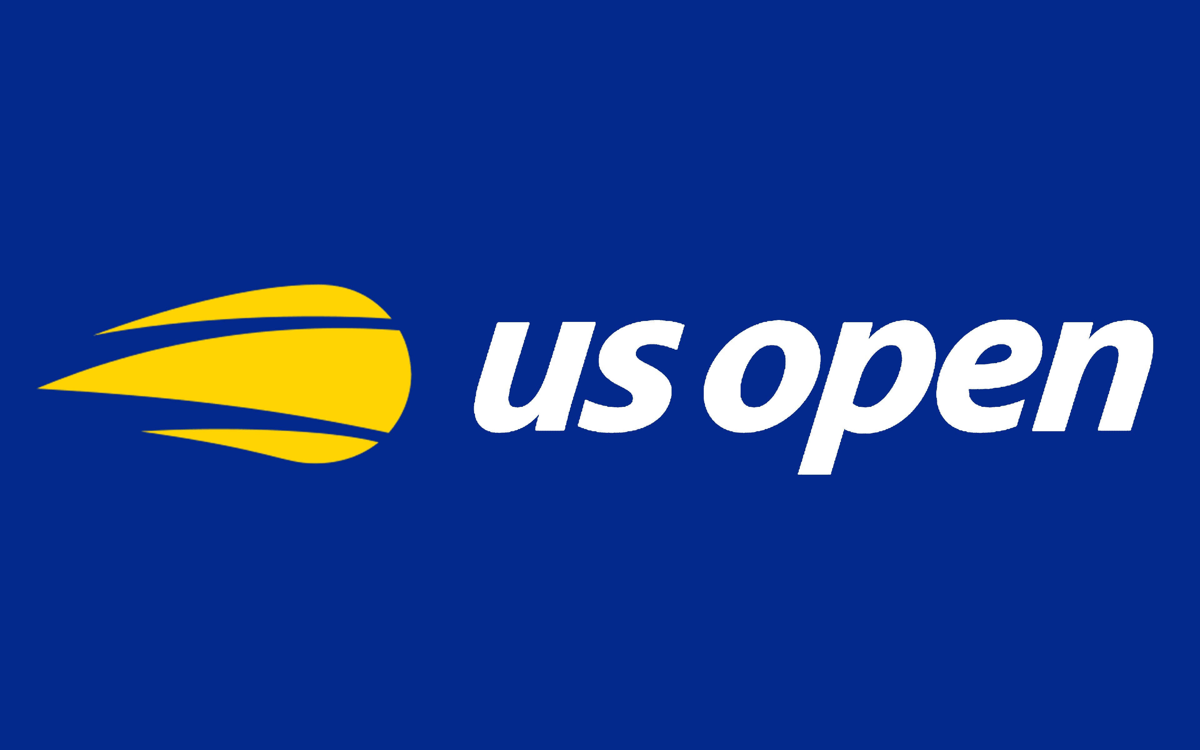 美國公開賽標誌 壁紙 — 在純藍色背景上，粗體白色 'us open' 文字旁邊有一個黃色網球圖形。