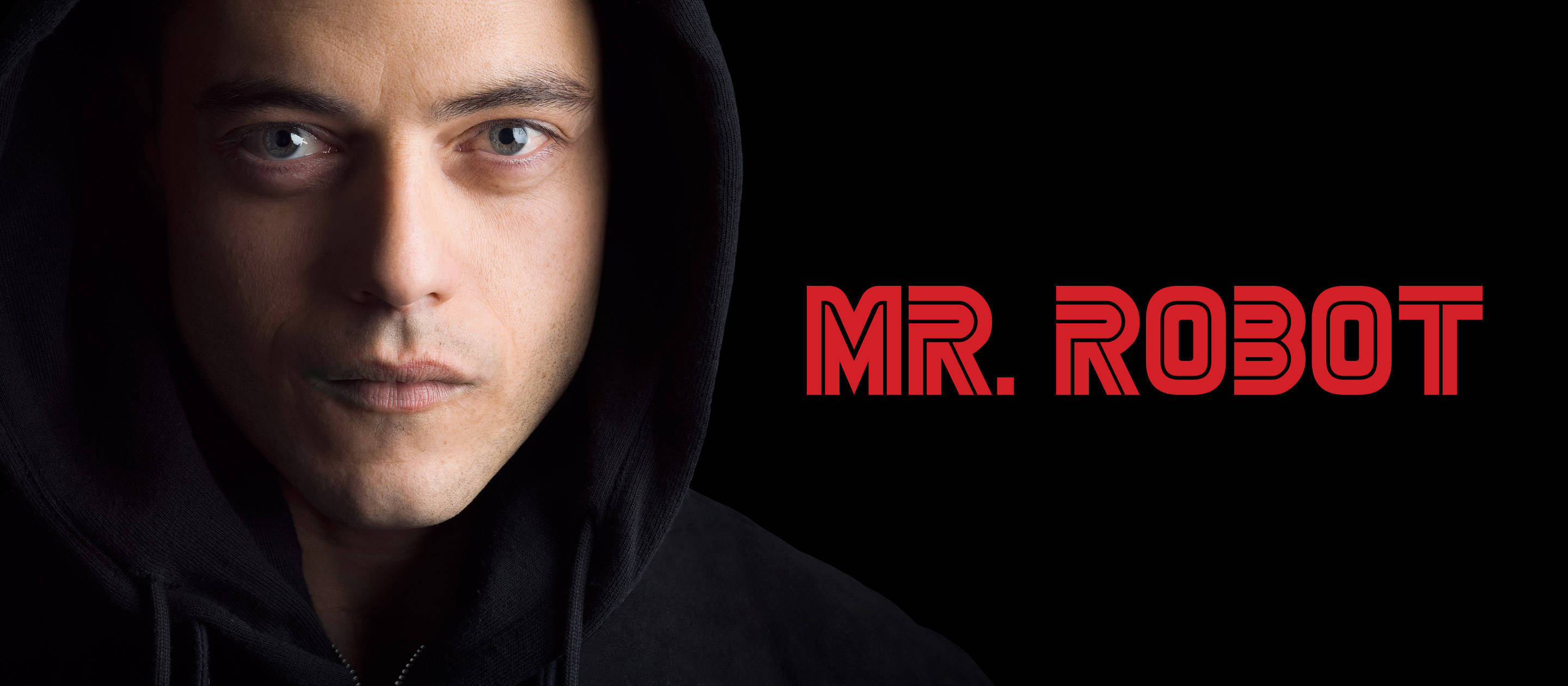 美國劇集《Mr. Robot》 壁紙 — 一個穿著黑色連帽衫的男人在深色背景上，帶有粗體紅色「MR. ROBOT」文字，強烈凝視。