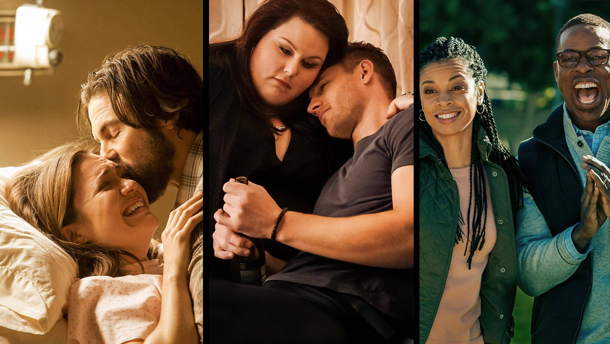 美國劇集《This Is US》 壁紙 — 三個親密的人類時刻：戀人在床上接吻，一對情侶在昏暗燈光下牽手，以及兩個朋友在戶外大笑。
