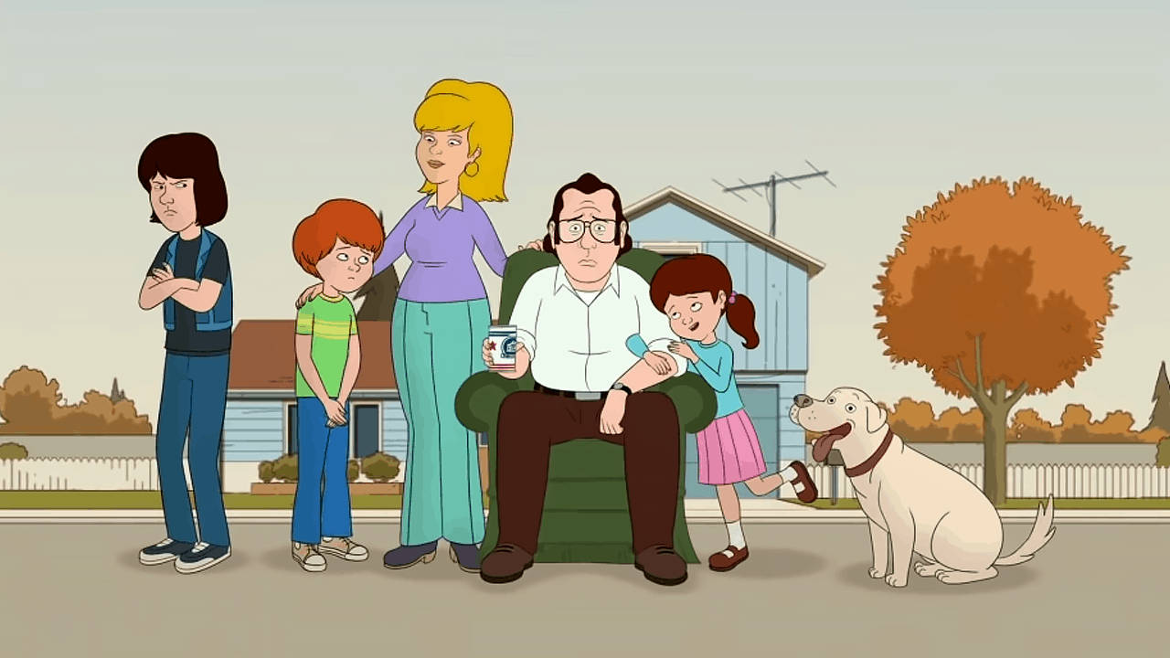 美國動畫電視劇《F Is For Family》墨菲一家 壁紙 — 一個五口之家的卡通家庭和他們的狗站在一棟有秋樹的郊區房屋前。