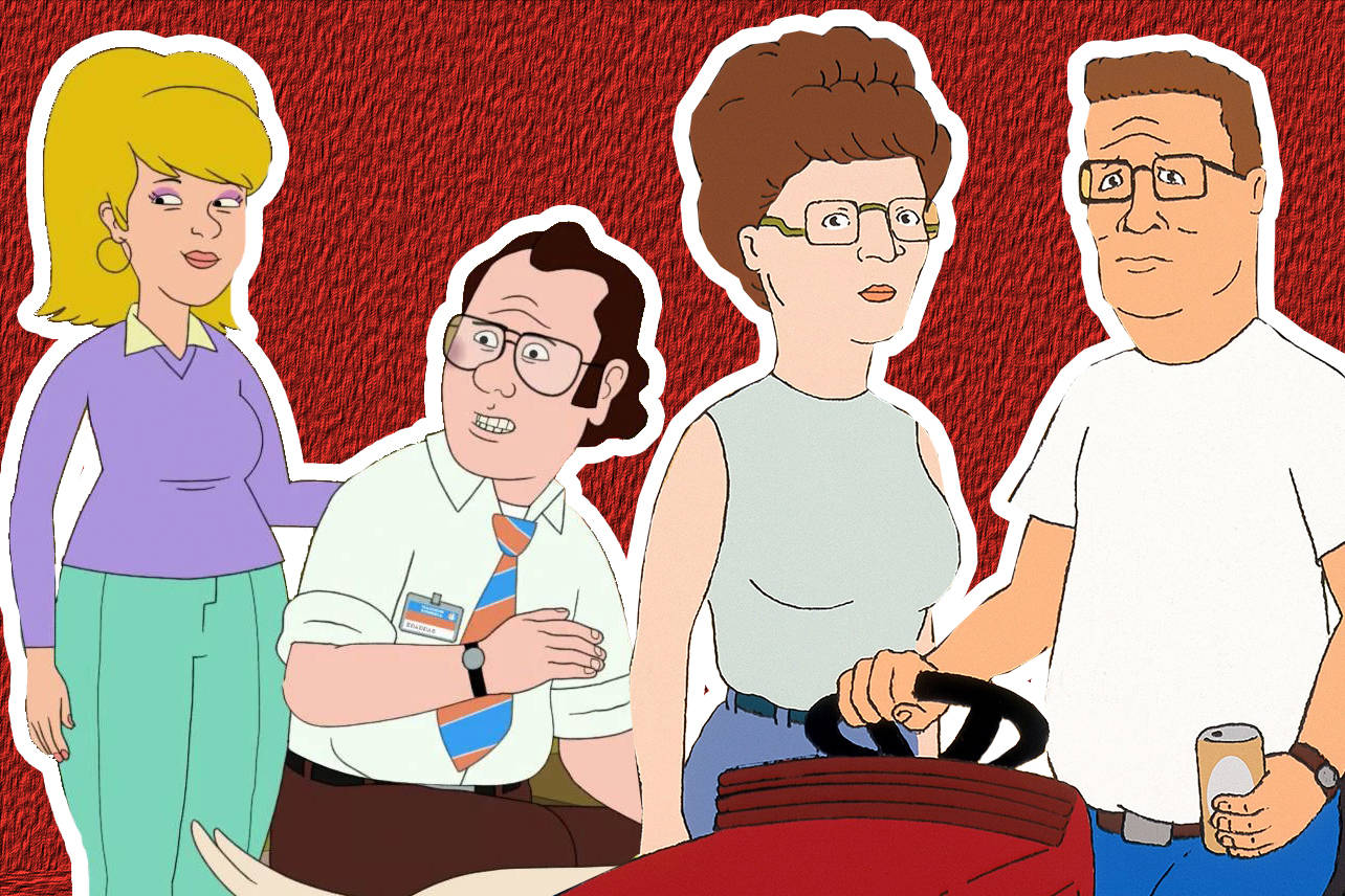 美國動畫電視劇《F Is For Family》 壁紙 — 四個具有鮮明1980年代風格的卡通角色站在有紋理的紅色背景前，一個拿著方向盤，另一個拿著汽水罐。