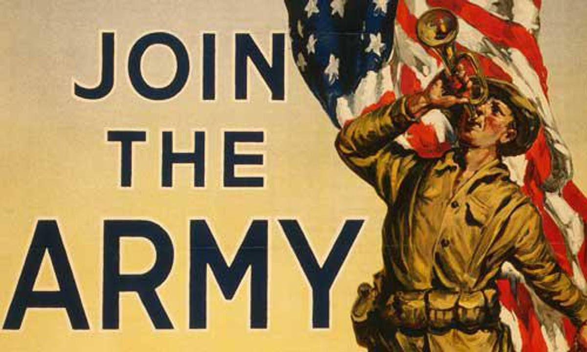 身穿制服的士兵在美國國旗旁吹奏喇叭，附有「Join the Army」字樣。 — 美國國旗 壁紙