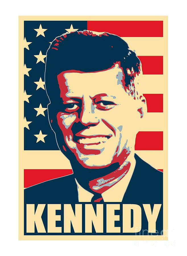 美國國旗藝術：約翰·肯尼迪 壁紙 — 大膽的圖形肖像，JFK微笑，背景是風格化的美國國旗，紅、白、藍色。