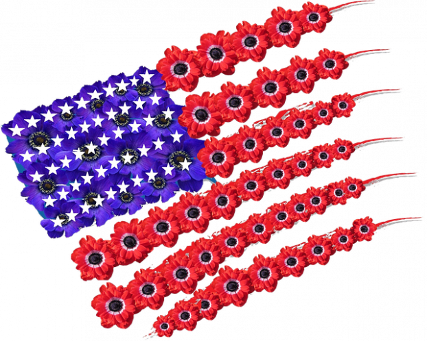 美國國旗造型罌粟花紀念日 壁紙 — 美國國旗由紅色和藍色花朵製成，白色星星中心，背景為黑色。