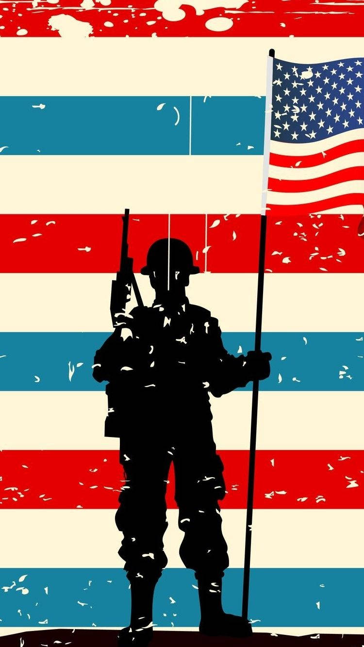一名士兵手持美國國旗的剪影，背景為條紋。